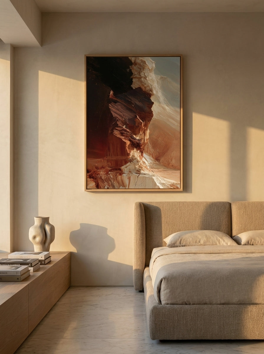 Oversized statement modern wall art print styled on the wall in a luxe bedroom