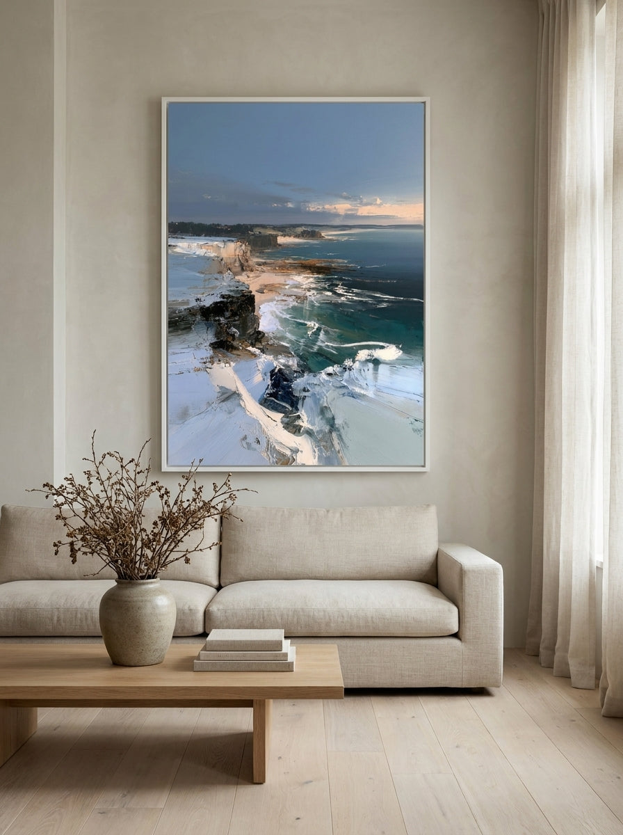 Oversized statement modern wall art print styled on the wall in a warm Japandi living room