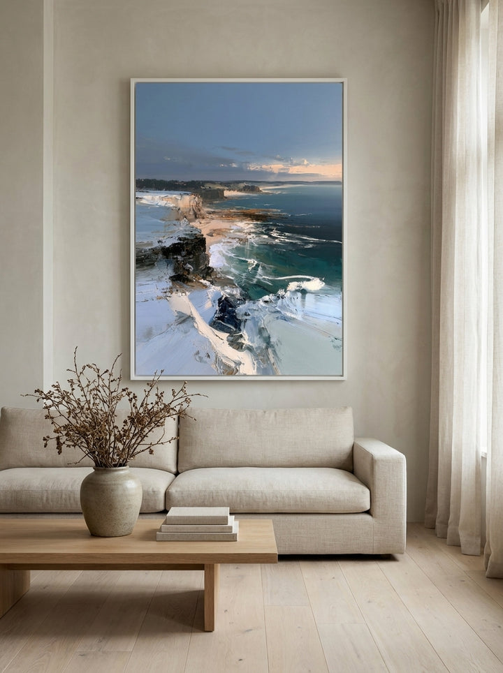 Oversized statement modern wall art print styled on the wall in a warm Japandi living room