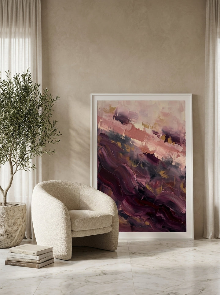 Oversized statement modern wall art print leaning against the wall in a luxe bedroom