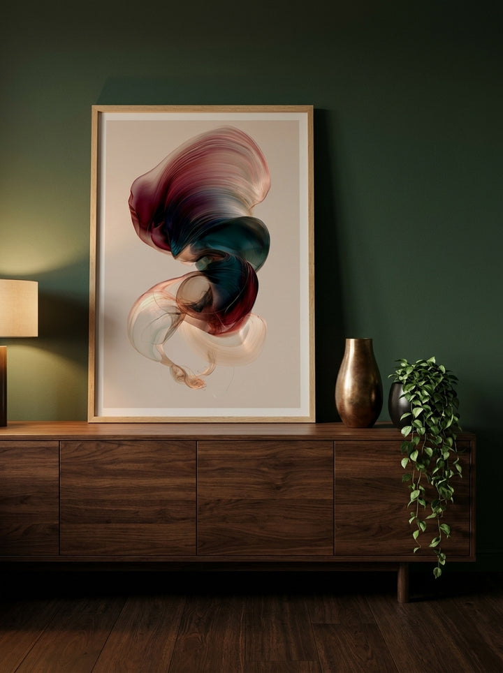 Modern wall art print standing on a sideboard in a moody bedroom