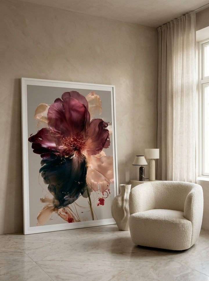 Oversized statement modern wall art print leaning against the wall in a luxe dining room