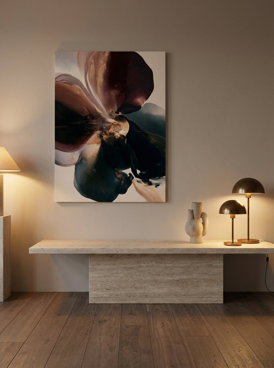 Stretched canvas wall art styled on the wall in a luxe living room