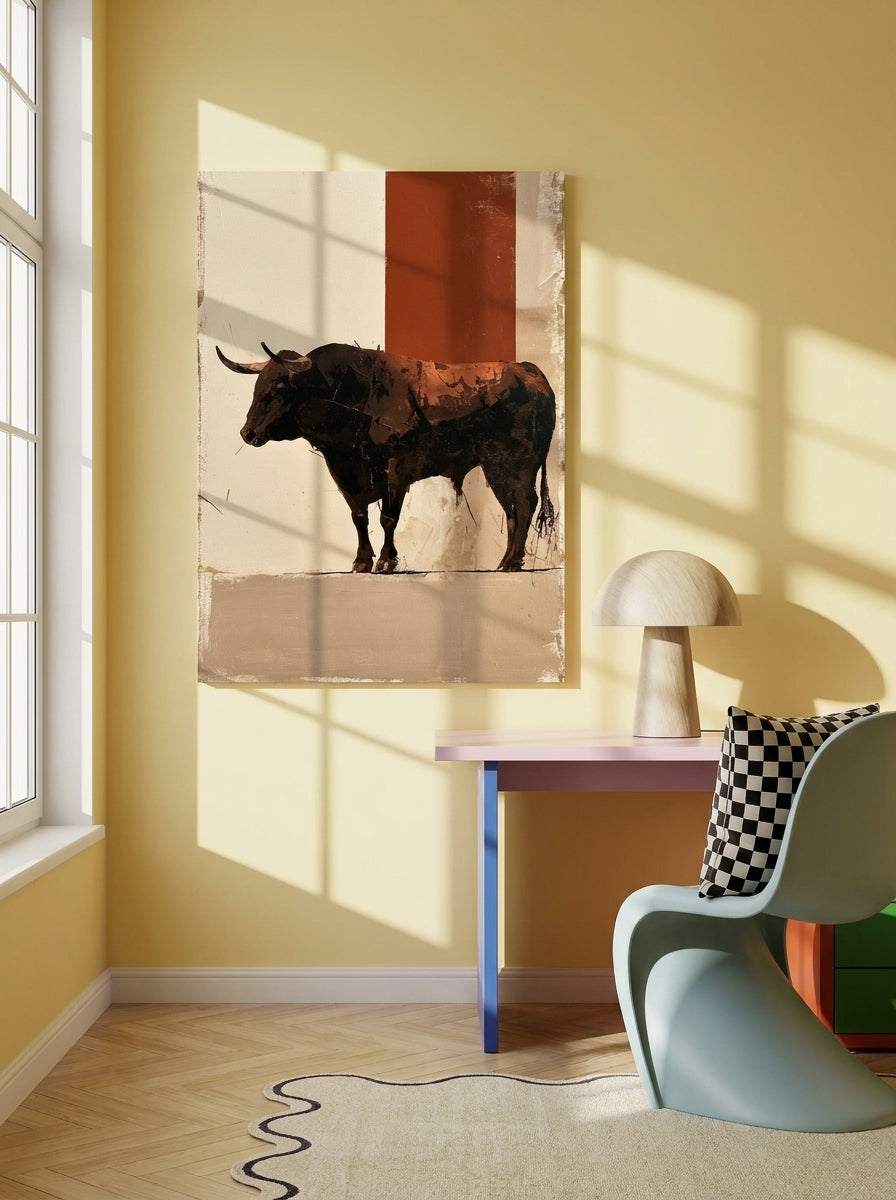 Stretched canvas wall art styled on the wall in a colourful eclectic home office