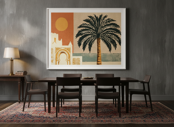 Oversized statement modern wall art print styled on the wall in a moody dining room