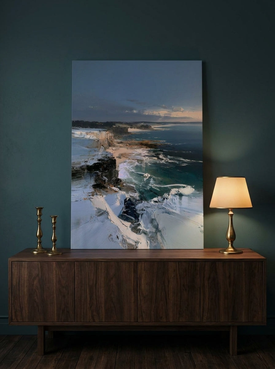 Stretched canvas wall art standing on a sideboard in a moody bedroom