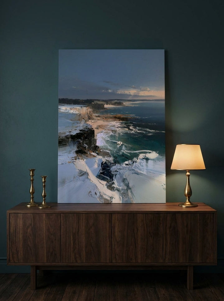 Stretched canvas wall art standing on a sideboard in a moody bedroom