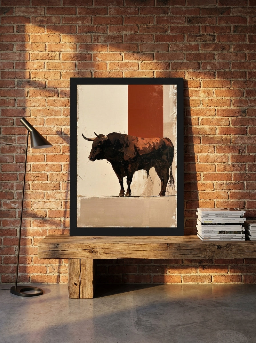 Modern wall art print standing on a bench in an industrial loft home office