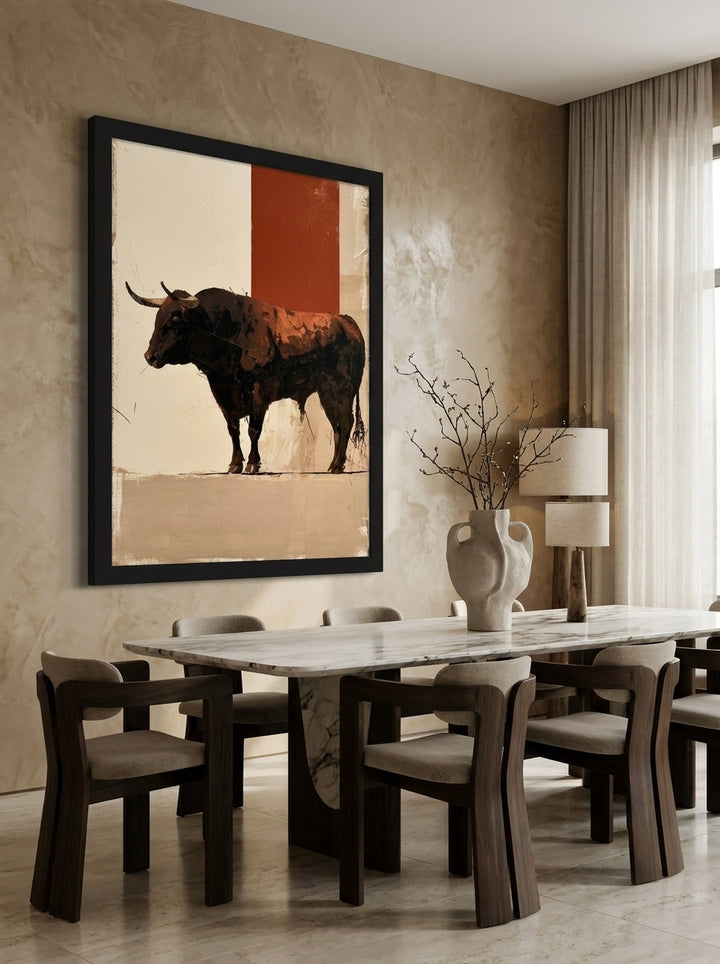 Oversized statement modern wall art print styled on the wall in a luxe dining room