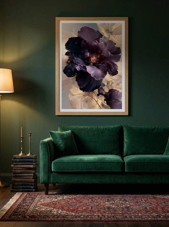 Modern wall art print styled on the wall in a moody living room