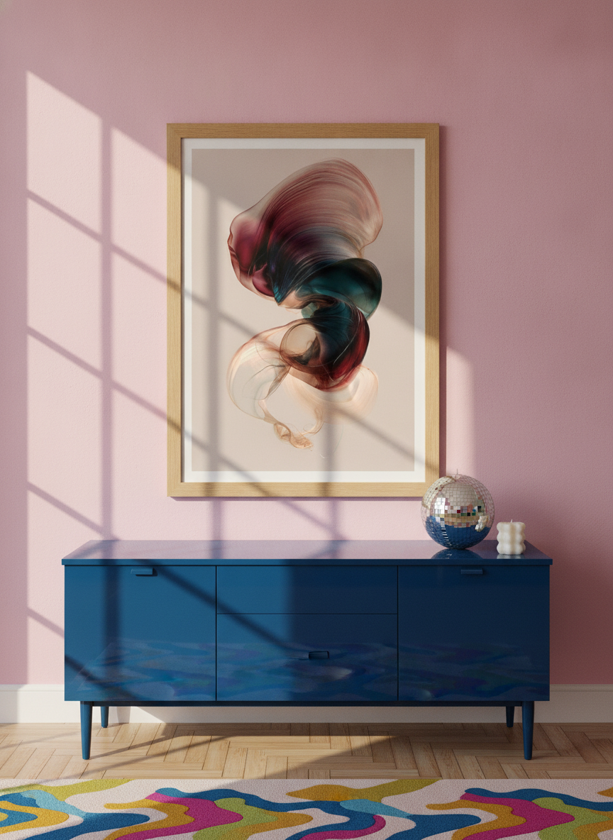 Modern wall art print styled on the wall in a colourful eclectic living room