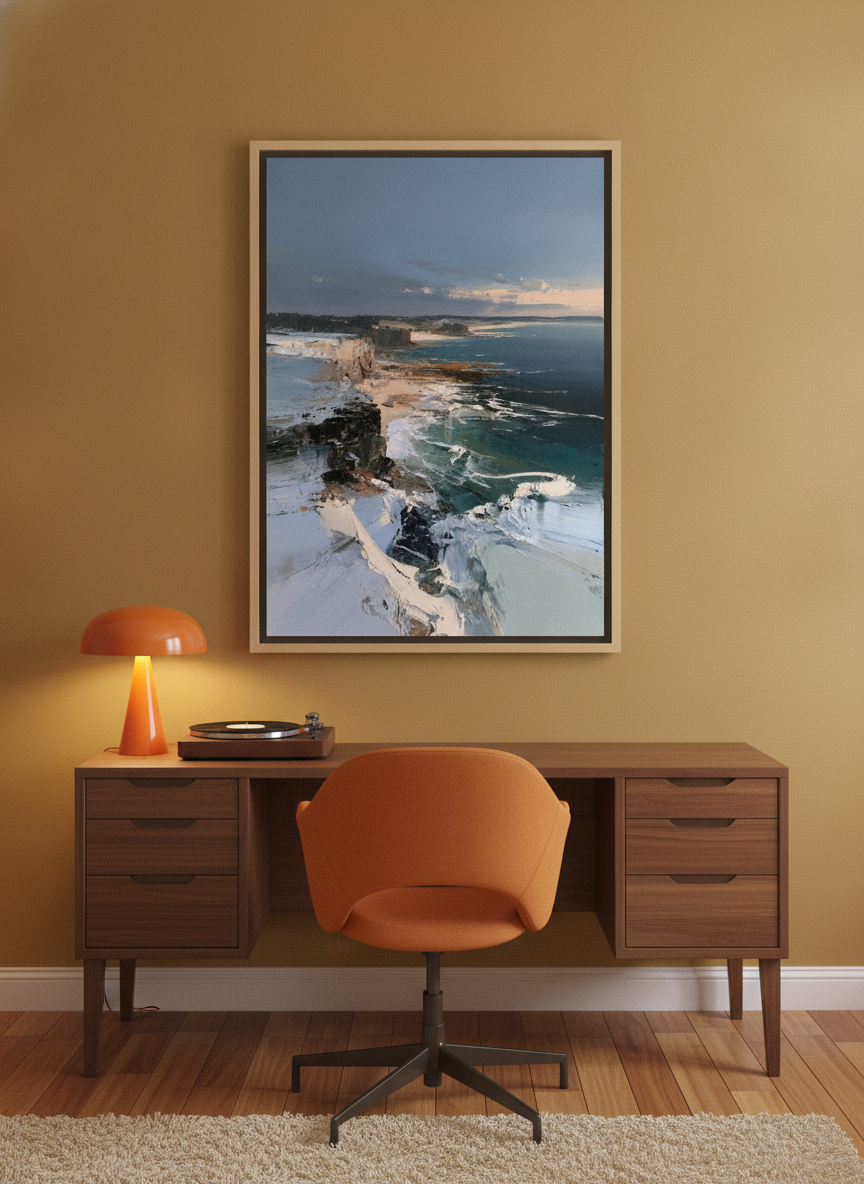 Canvas wall art with a natural timber surround styled on the wall in a retro 70s home office