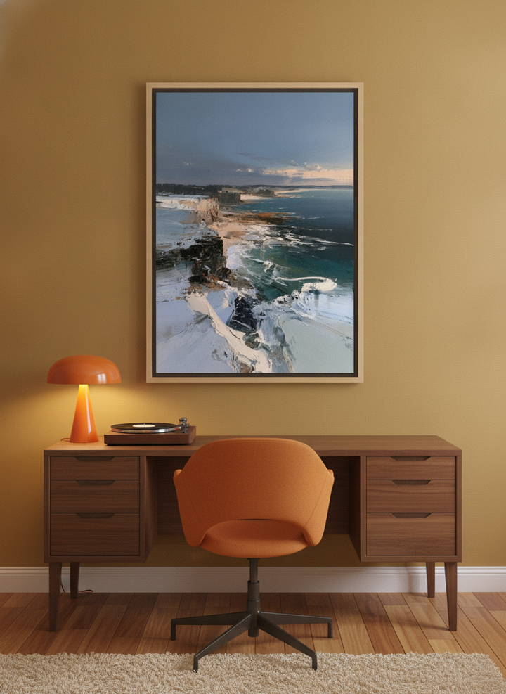 Canvas wall art with a natural timber surround styled on the wall in a retro 70s home office