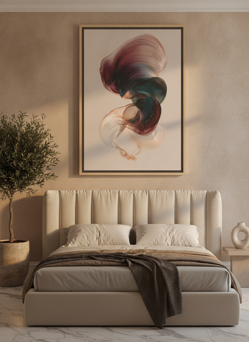 Oversized statement canvas wall art with a natural timber surround styled on the wall in a luxe bedroom