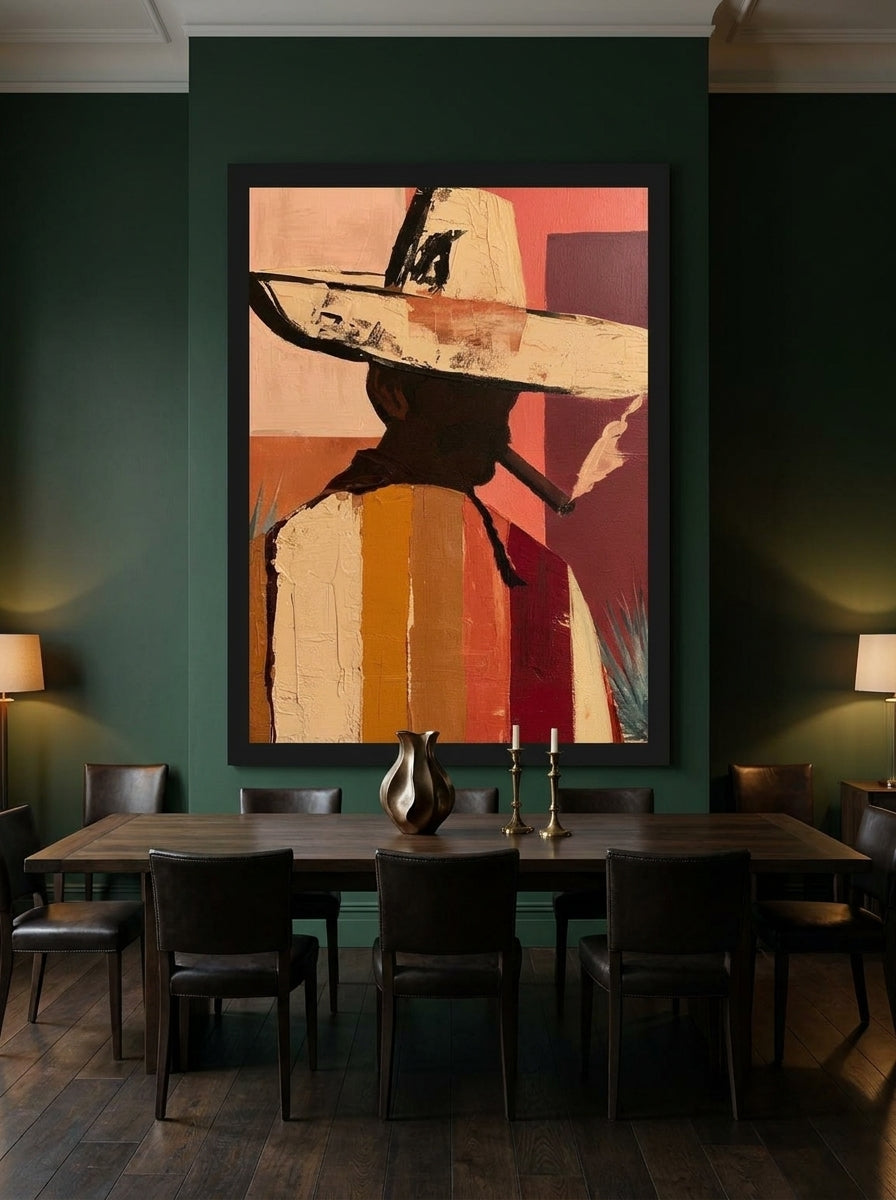 Oversized statement modern wall art print styled on the wall in a moody dining room