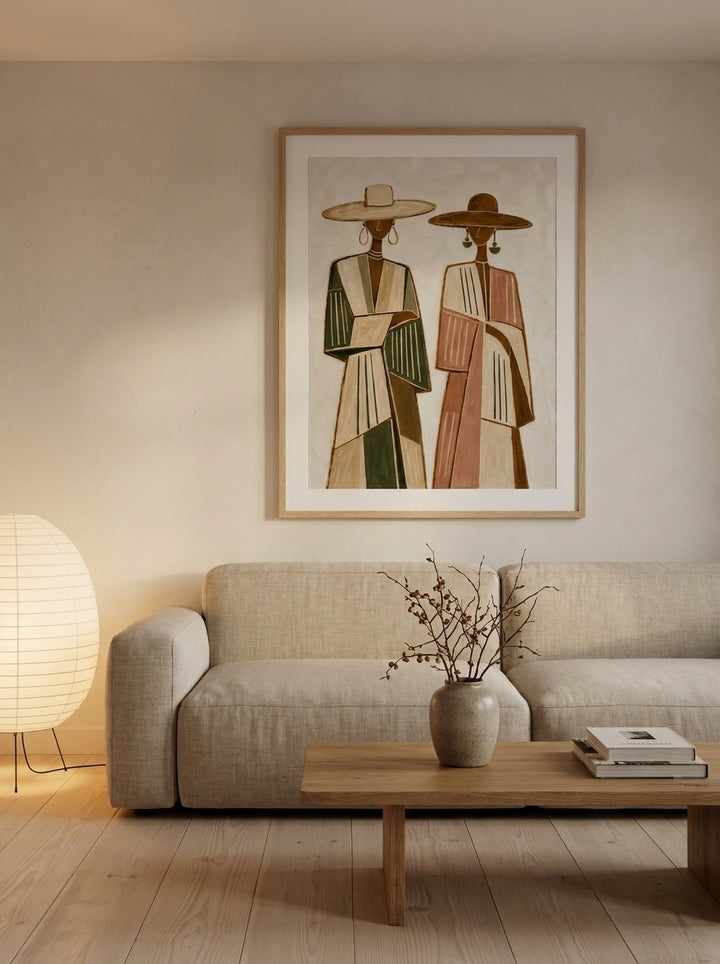 Modern wall art print styled on the wall in a warm Japandi living room