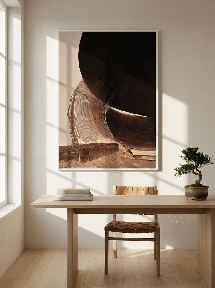 Modern wall art print styled on the wall in a warm Japandi home office