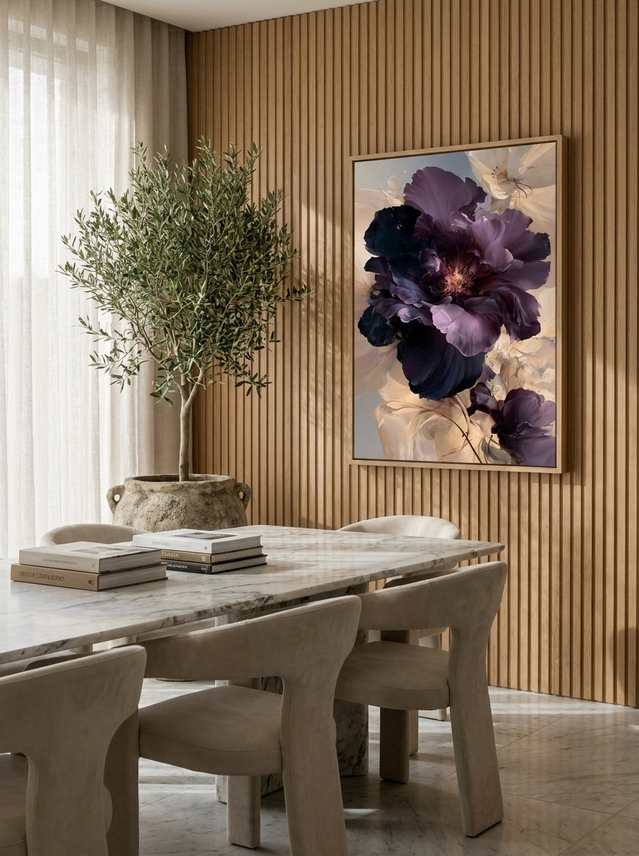 Modern wall art print styled on the wall in a luxe dining room