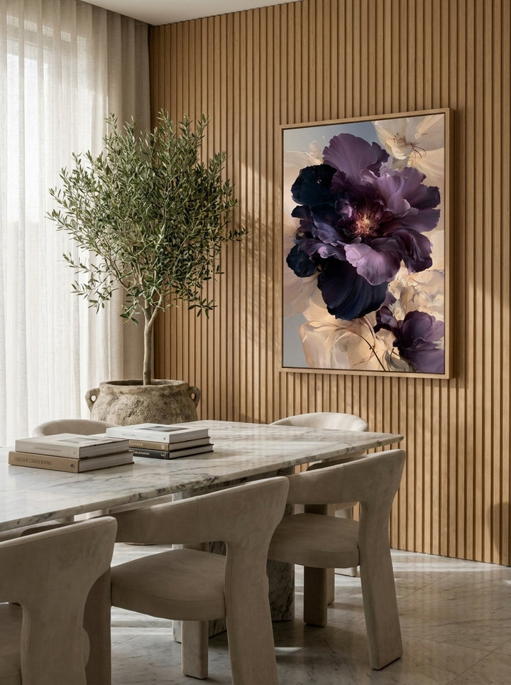 Modern wall art print styled on the wall in a luxe dining room
