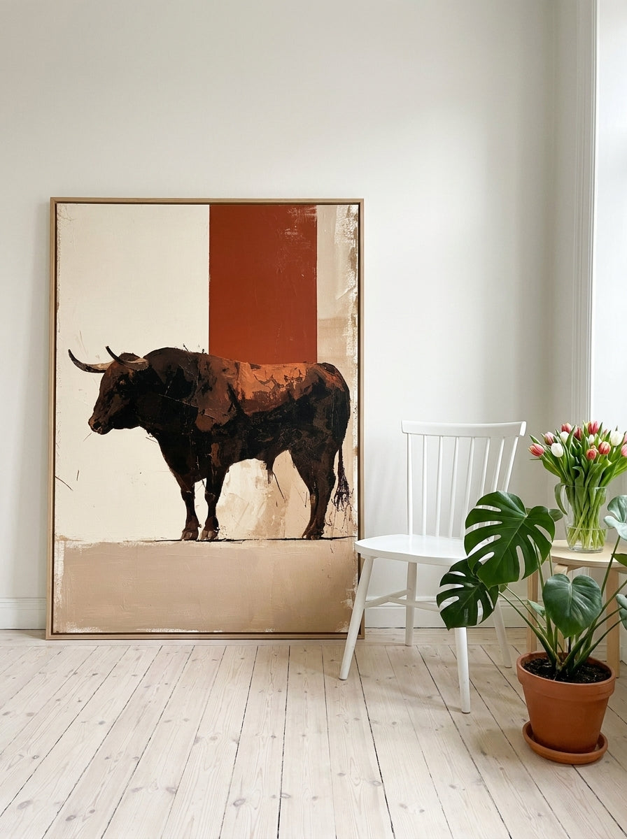 Oversized statement canvas wall art with a natural timber surround leaning against the wall in a bright Scandinavian dining room