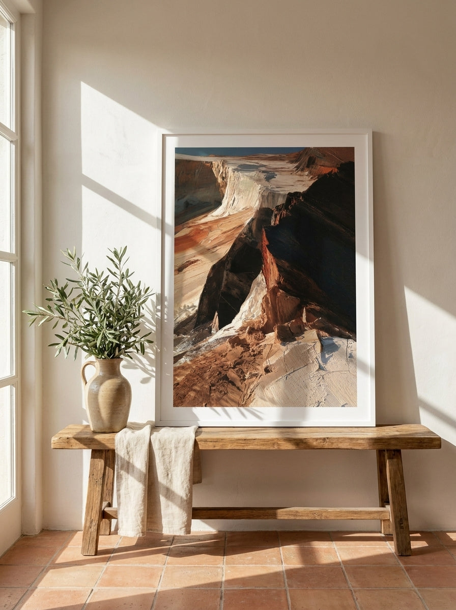 Modern wall art print standing on a bench in a Mediterranean home office