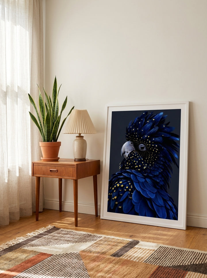 Modern wall art print leaning against the wall in a mid-century home office