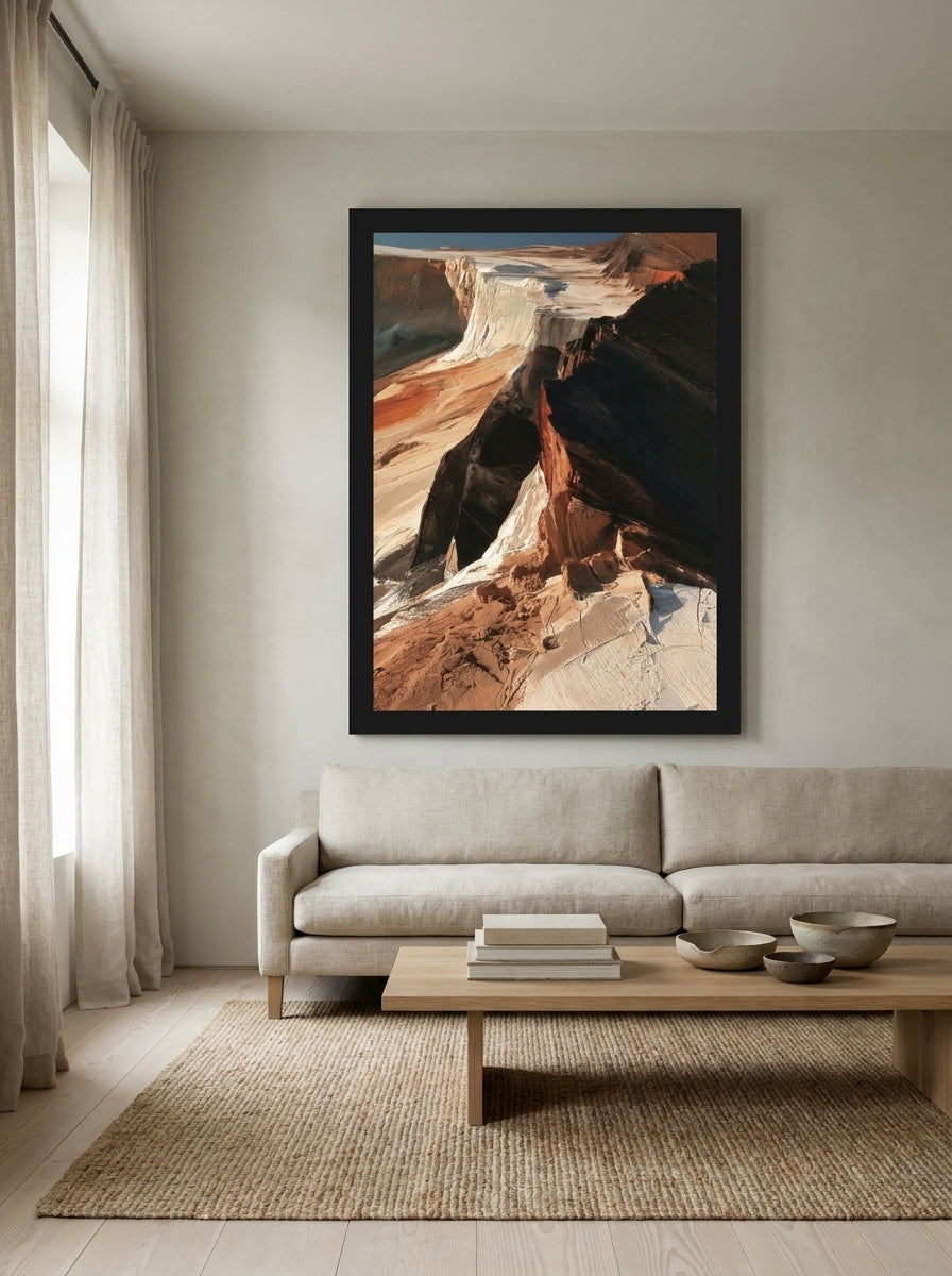 Oversized statement modern wall art print styled on the wall in a warm Japandi living room