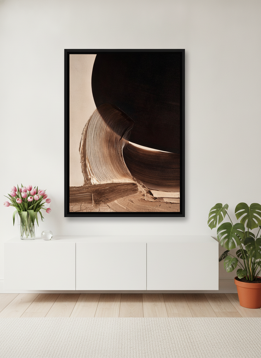 Canvas wall art with a black surround standing on a sideboard in a bright Scandinavian living room