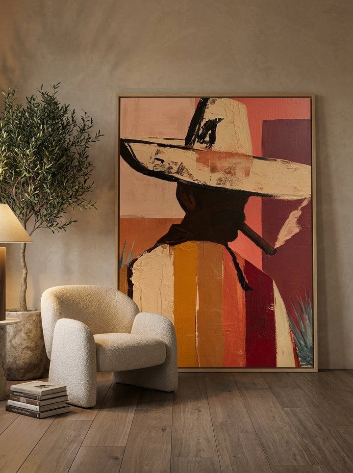 Oversized statement canvas wall art with a natural timber surround leaning against the wall in a luxe living room