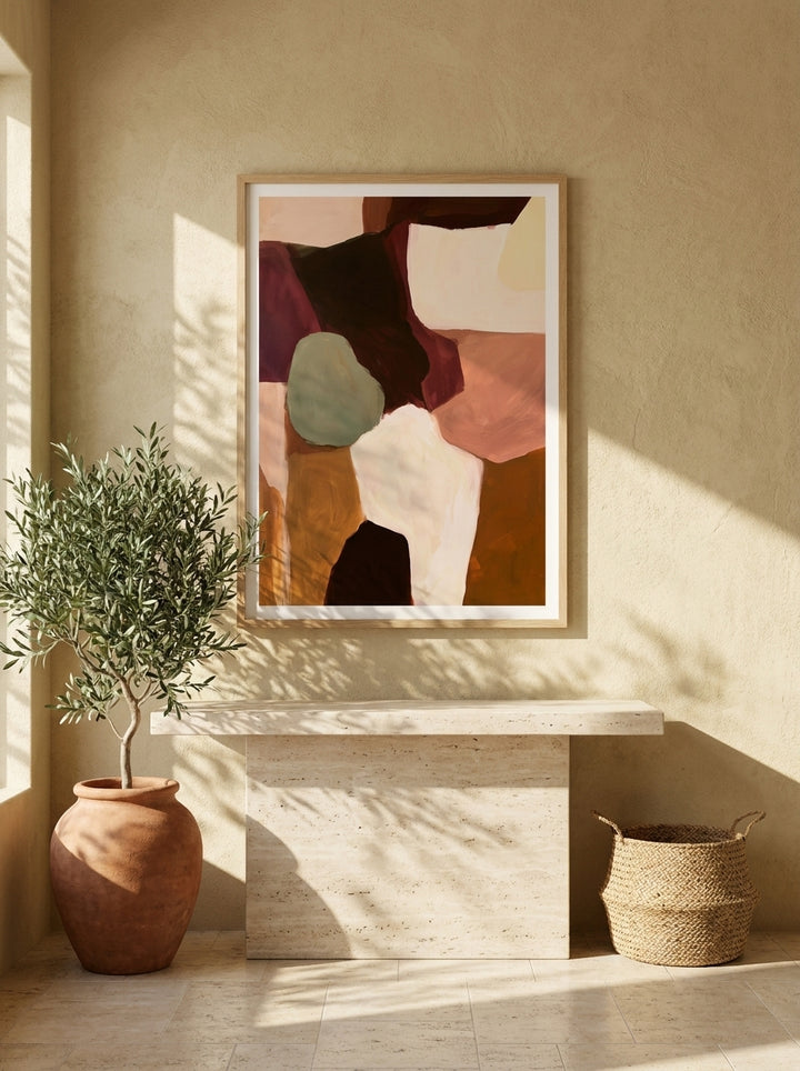 Modern wall art print styled on the wall in a Mediterranean living room
