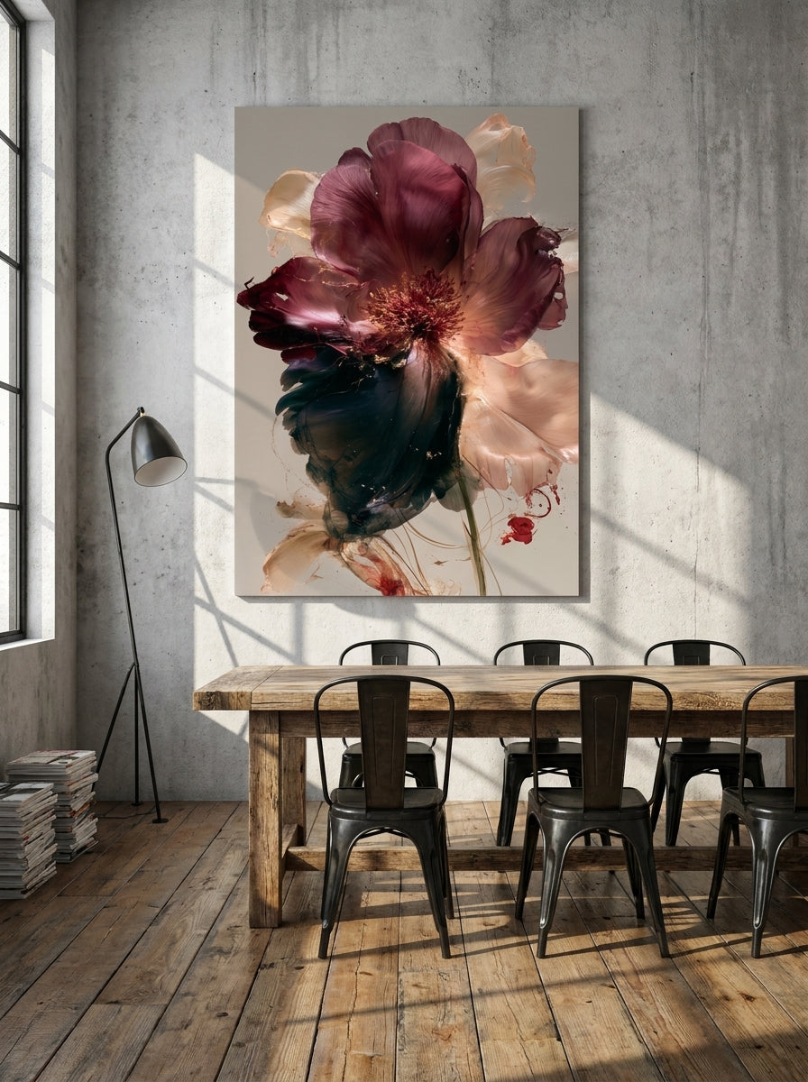 Stretched canvas wall art styled on the wall in an industrial loft dining room