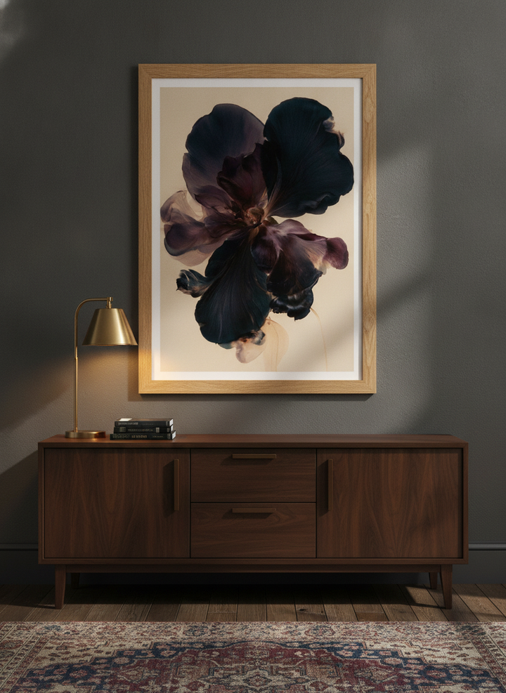 Modern wall art print styled on the wall in a moody living room