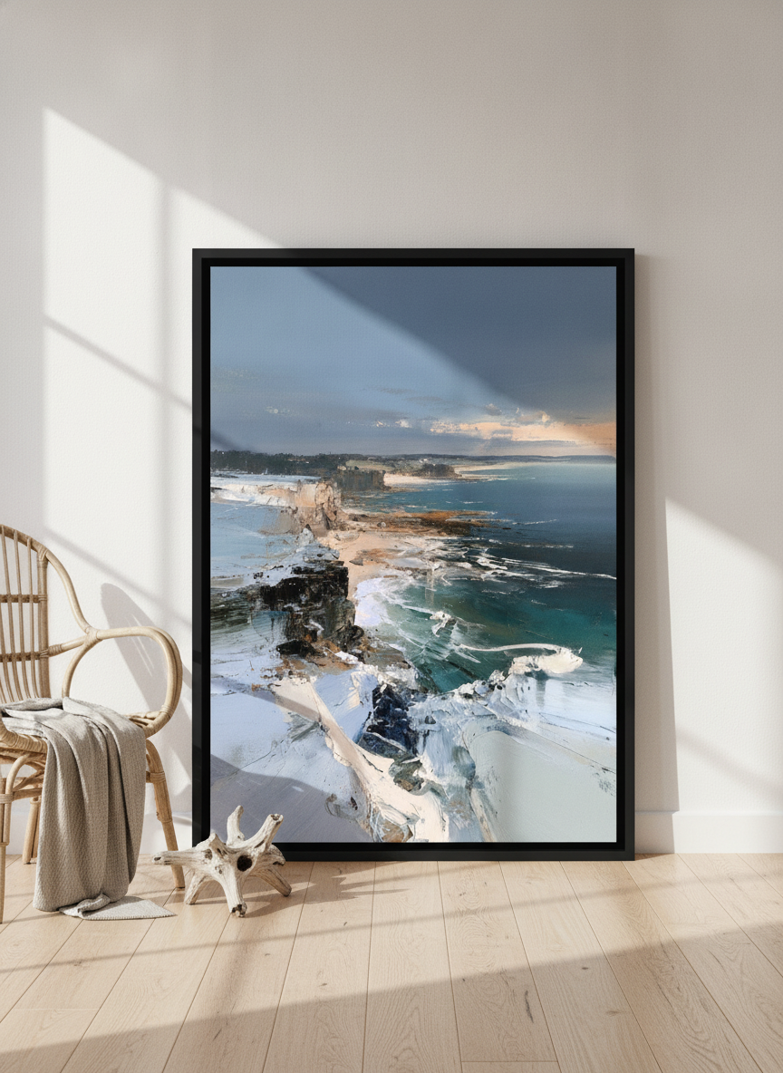 Oversized statement canvas wall art with a black surround leaning against the wall in a coastal living room