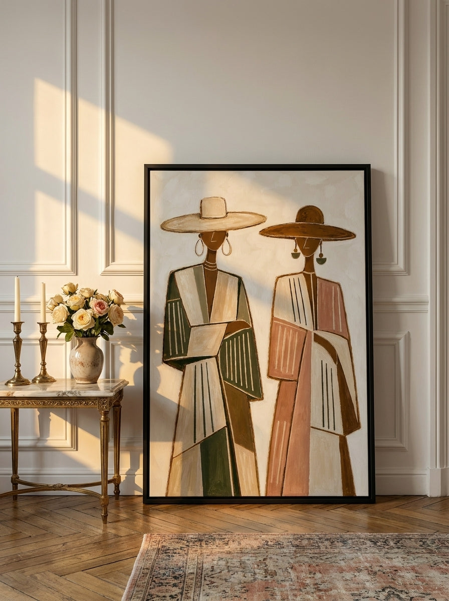 Canvas wall art with a black surround leaning against the wall in a Parisian living room
