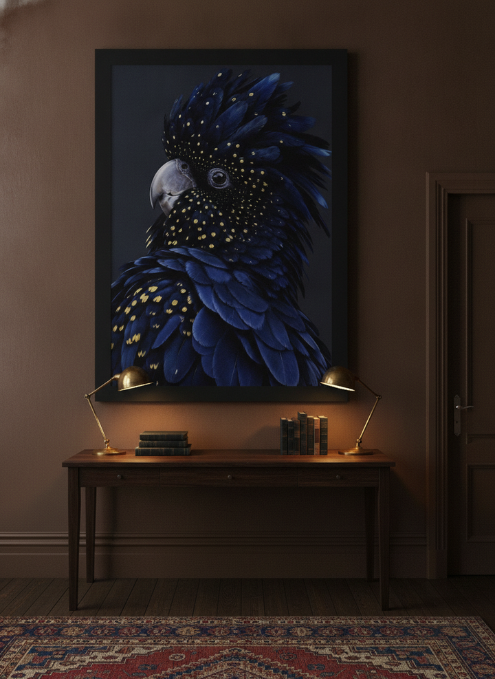 Oversized statement modern wall art print styled on the wall in a moody home office
