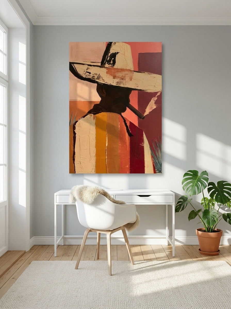Stretched canvas wall art styled on the wall in a bright Scandinavian home office