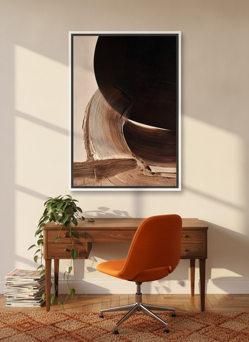 Canvas wall art with a white surround styled on the wall in a retro 70s home office