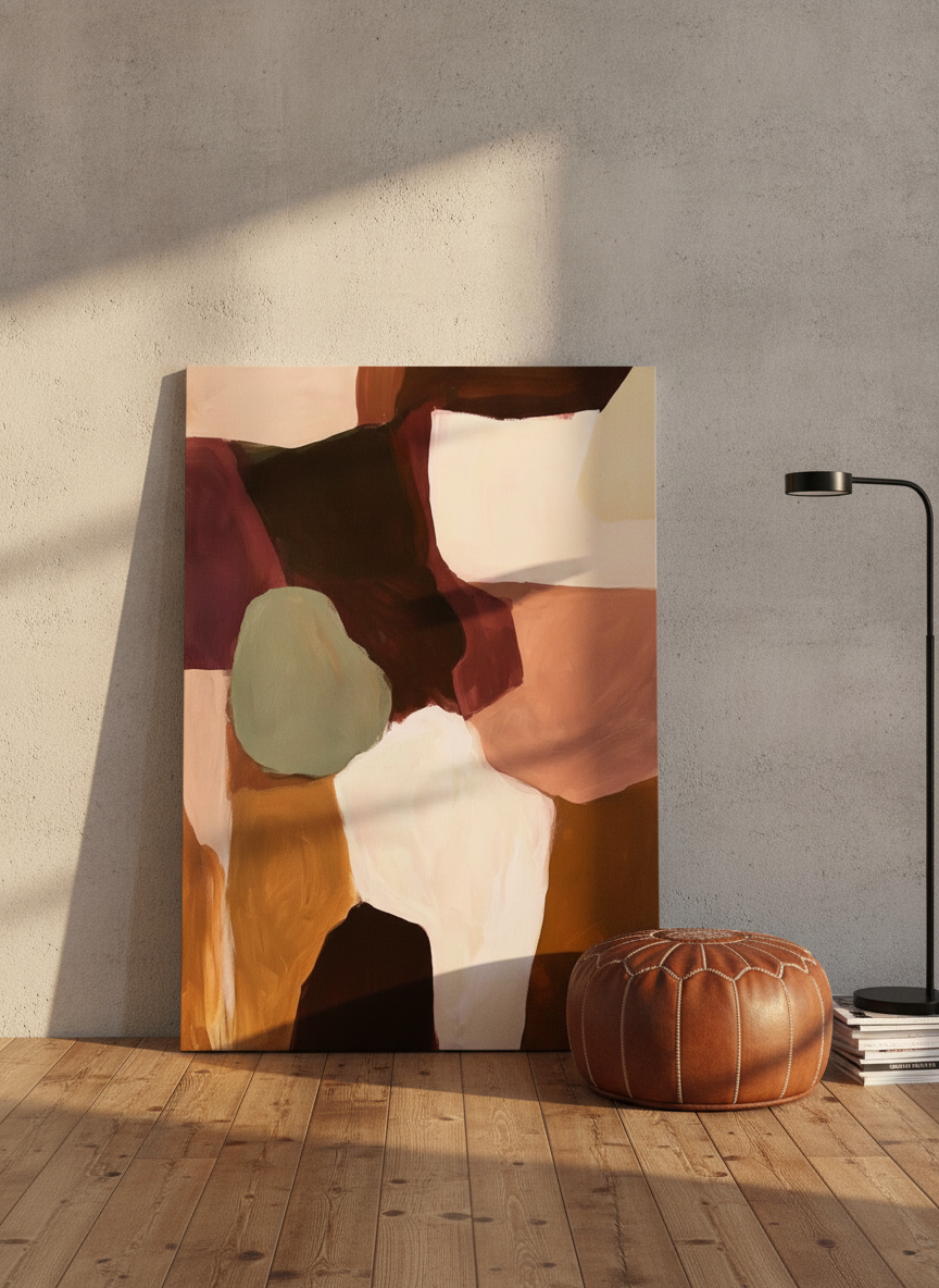 Stretched canvas wall art leaning against the wall in an industrial loft home office