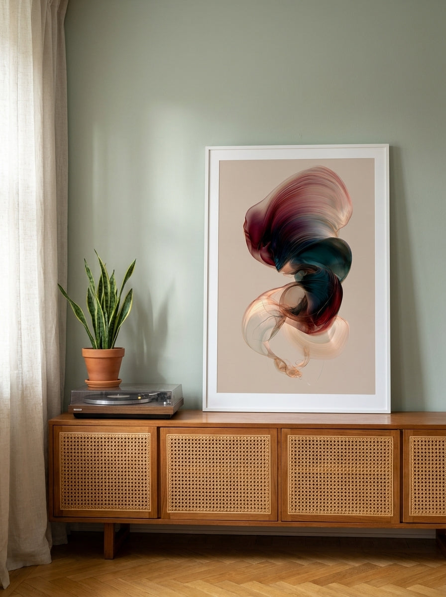Modern wall art print standing on a sideboard in a mid-century living room