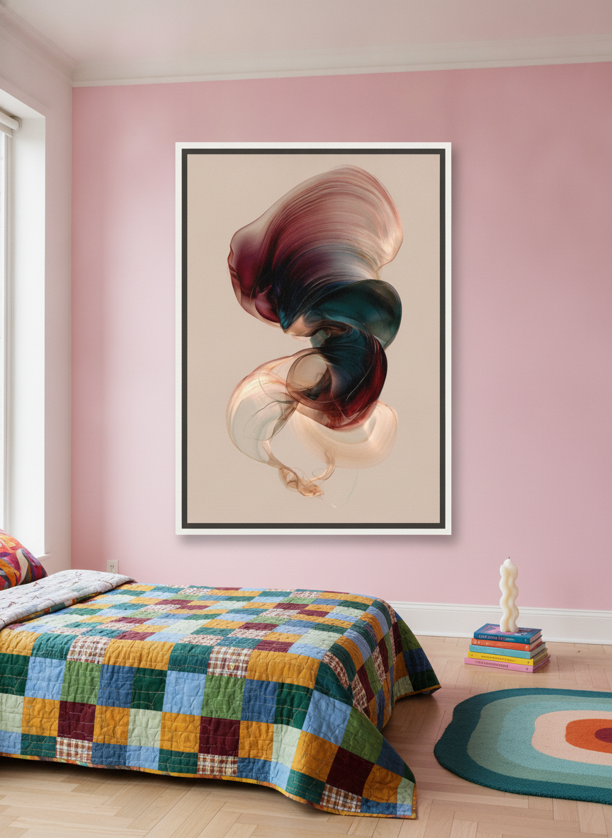 Oversized statement canvas wall art with a white surround styled on the wall in a colourful eclectic bedroom