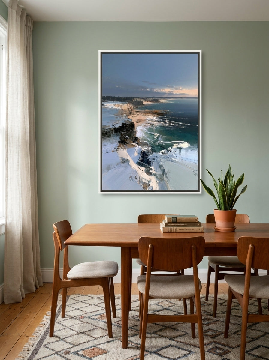 Canvas wall art with a white surround styled on the wall in a mid-century dining room