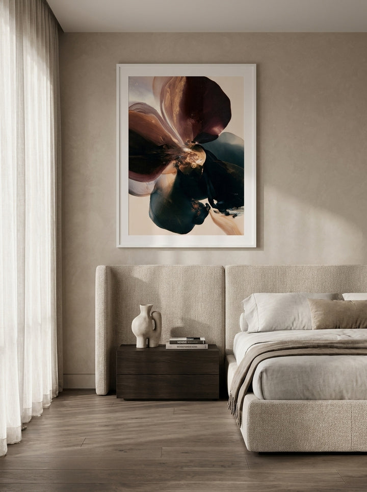 Oversized statement modern wall art print styled on the wall in a luxe bedroom