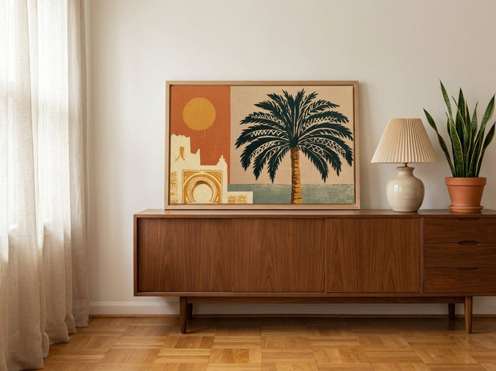 Modern wall art print standing on a sideboard in a mid-century home office