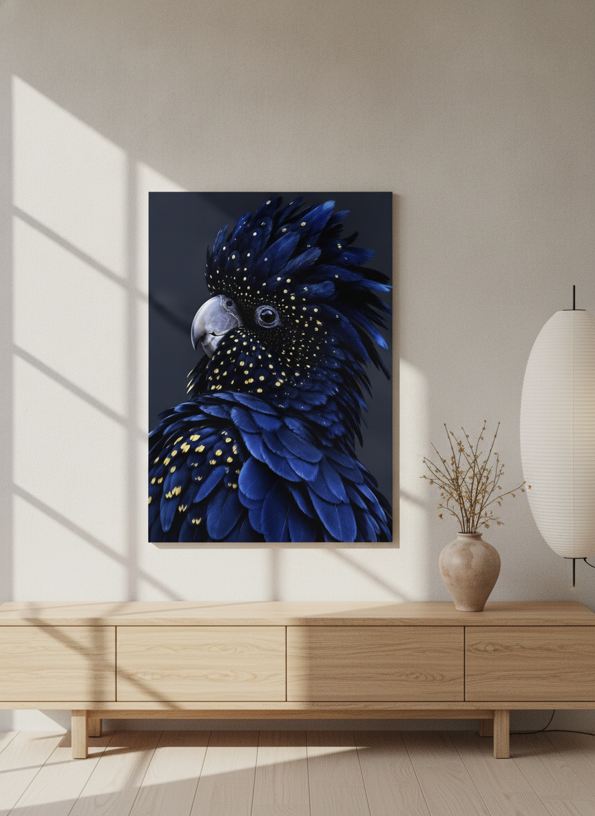 Stretched canvas wall art standing on a sideboard in a warm Japandi bedroom