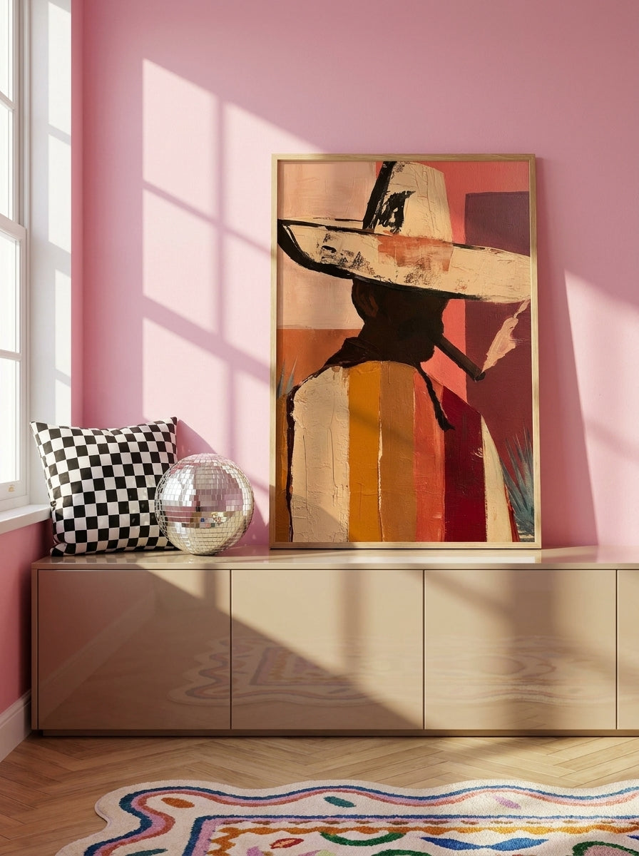 Modern wall art print standing on a sideboard in a colourful eclectic bedroom
