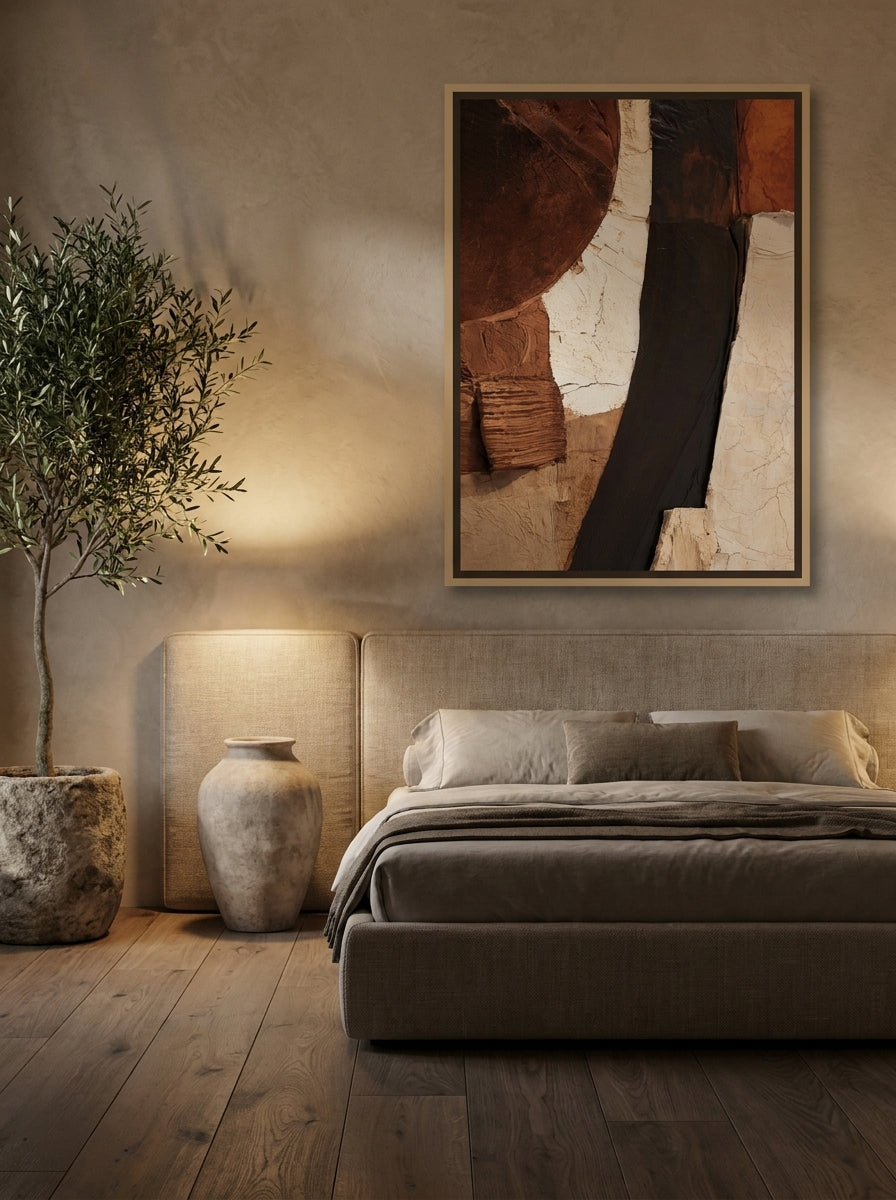 Oversized statement canvas wall art with a natural timber surround styled on the wall in a luxe bedroom