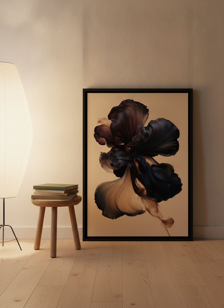 Canvas wall art with a black surround leaning against the wall in a warm Japandi dining room