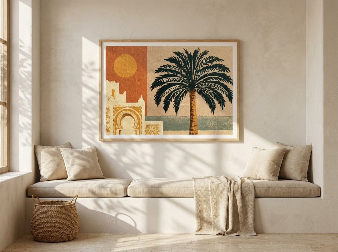 Modern wall art print styled on the wall in a Mediterranean living room