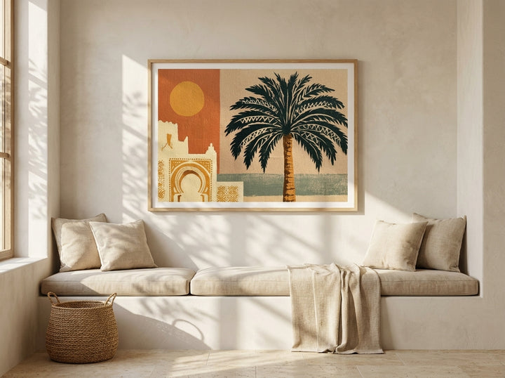 Modern wall art print styled on the wall in a Mediterranean living room