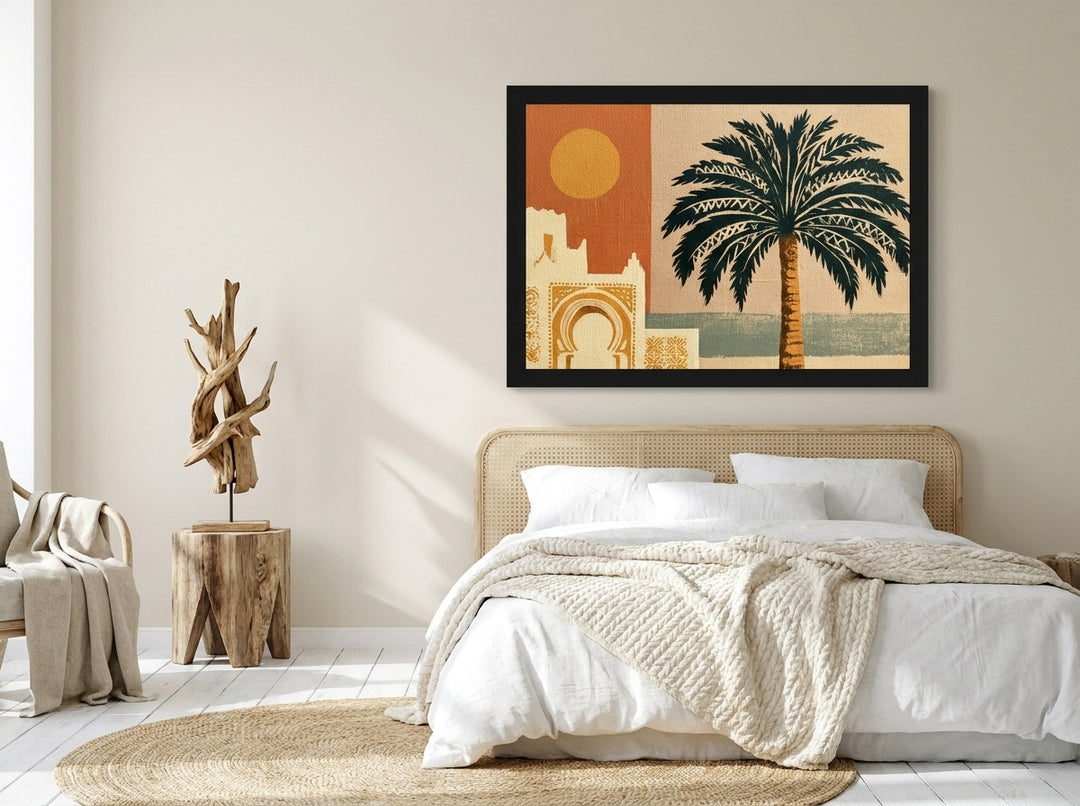 Oversized statement modern wall art print styled on the wall in a coastal bedroom
